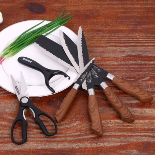 6pcs Stainless Steel Kitchen Knife Set with Wood Grain Coating Handle - the perfect addition to any kitchen!